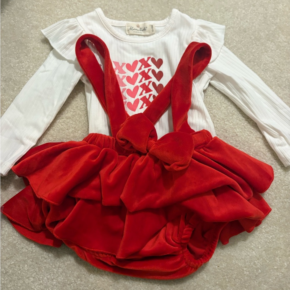 Red Ruffled Suspender Skirt with White Heart Top